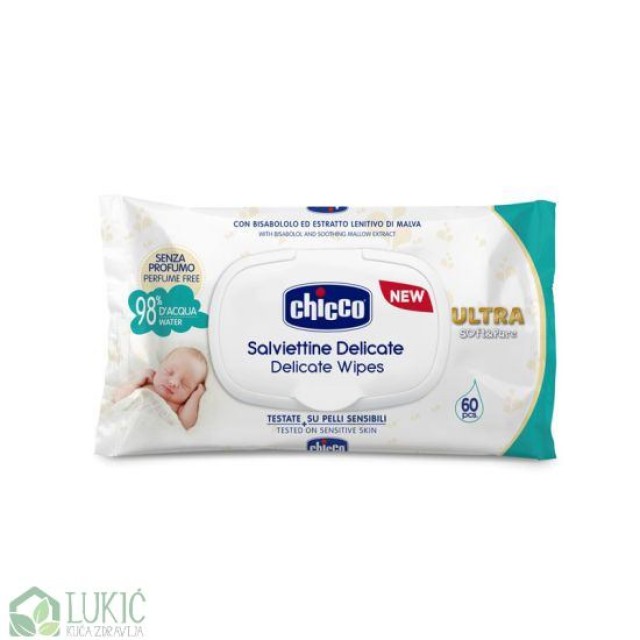 Chicco Delicate Vlažne Maramice, 60 Komada Chicco Delicate Vlažne Maramice, 60 Komada
